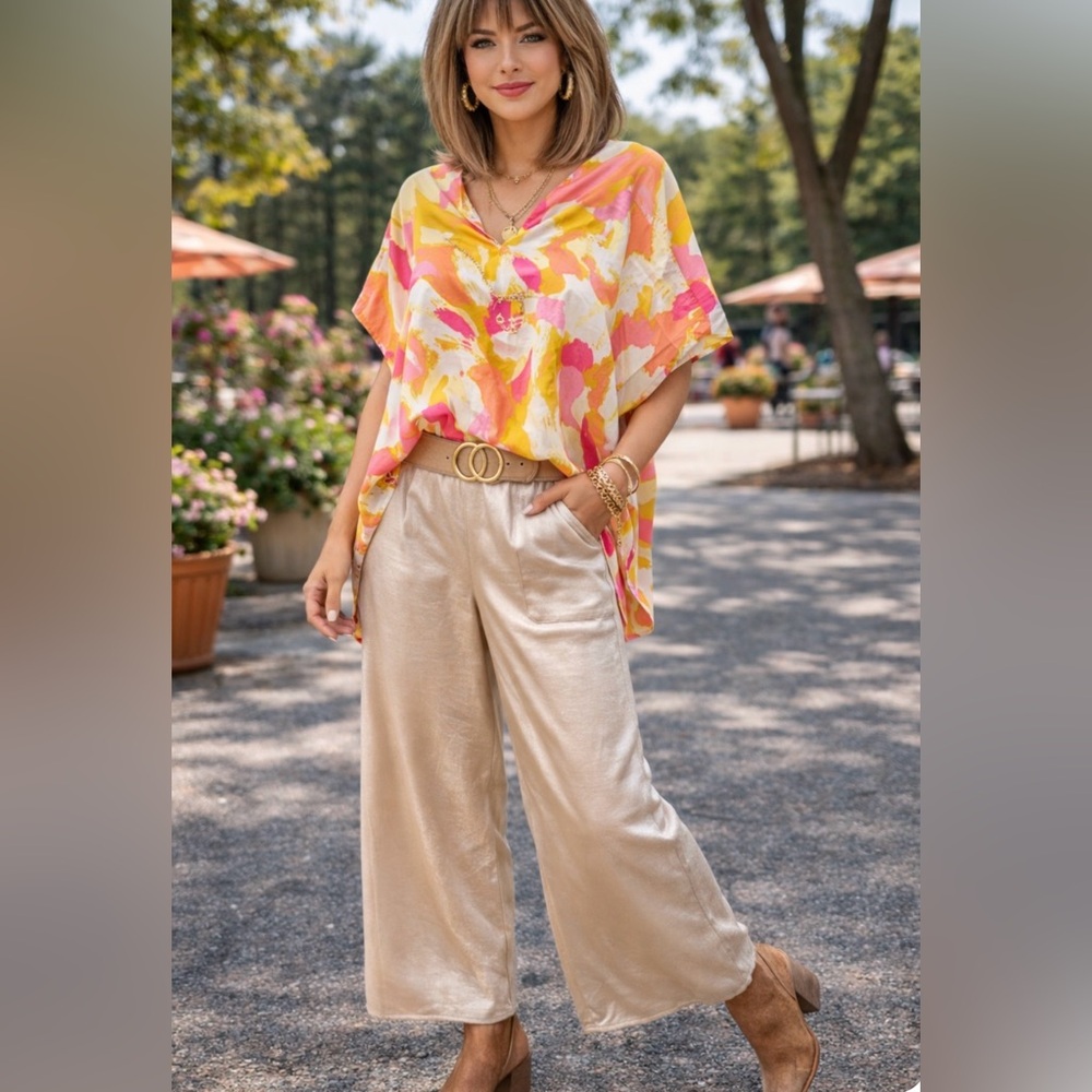 Simply Vera Vera Wang Pink Yellow Abstract Top with Cream Wide-Leg Pants